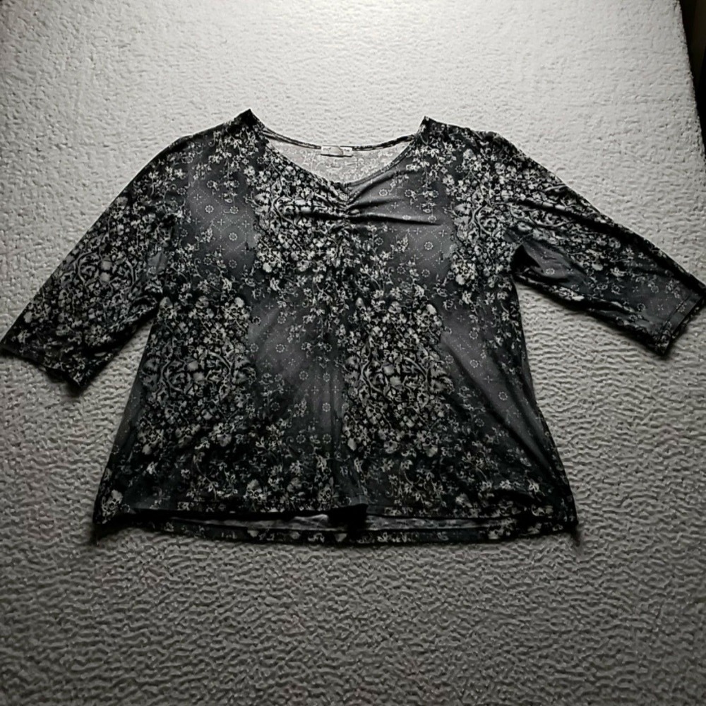 Notations Blouse Womens Plus 2X Gray V Neck 3/4 Sleeve Floral Tunic Top